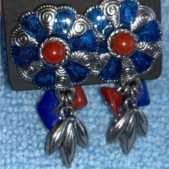 Signed Blue and Red Silver Tone Earrings - Picture 2 of 5